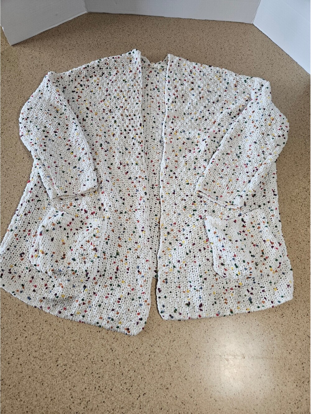 White confetti knit open front cardigan